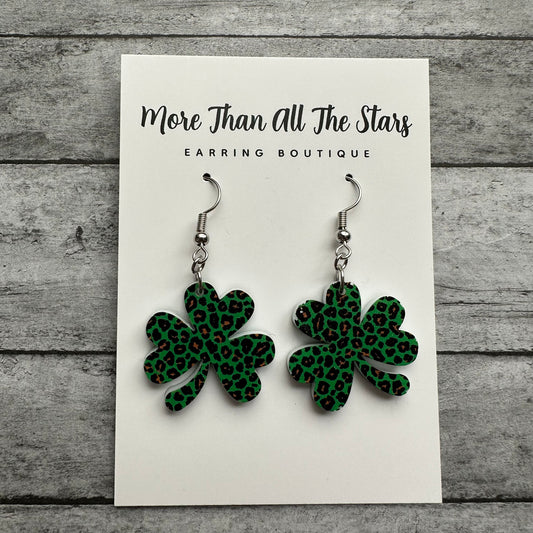 St. Patrick's Day Green Leopard Mini Shamrock Earrings