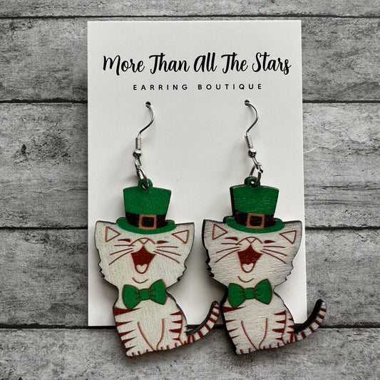 St. Patrick’s Day Kitty Cat Shamrock Earrings