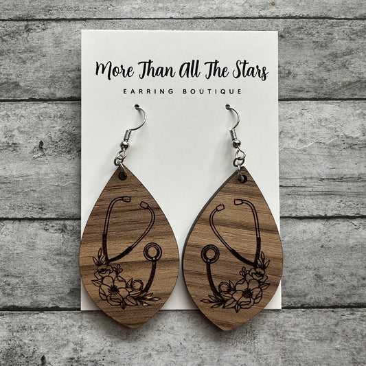 Wood Floral Stethoscope Earrings