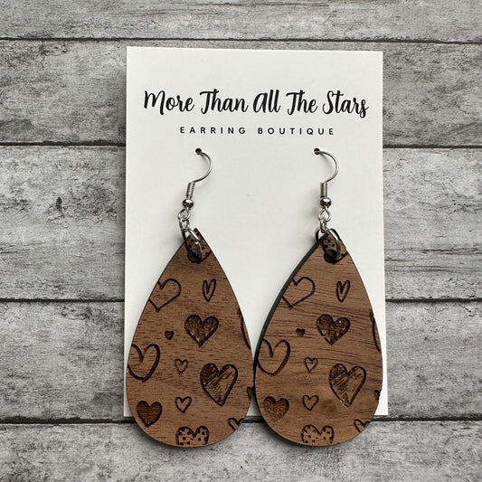Engraved Multi Heart Wood Earrings