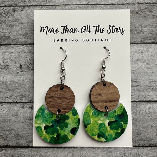 St. Patrick's Day Watercolor Shamrock Crescent Circle Earrings