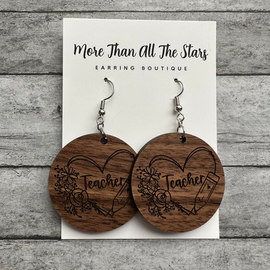 Wood Teacher Heart Earrings