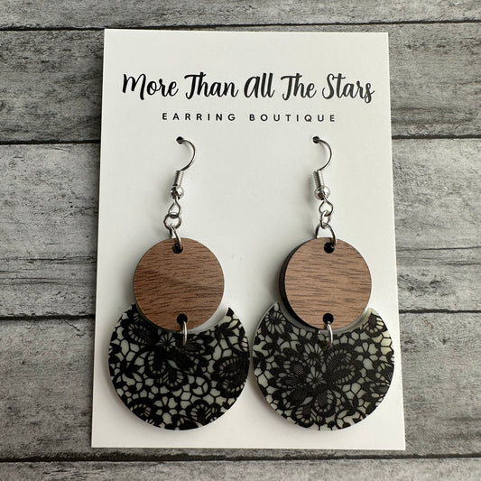 Black Lace Crescent Circle Earrings