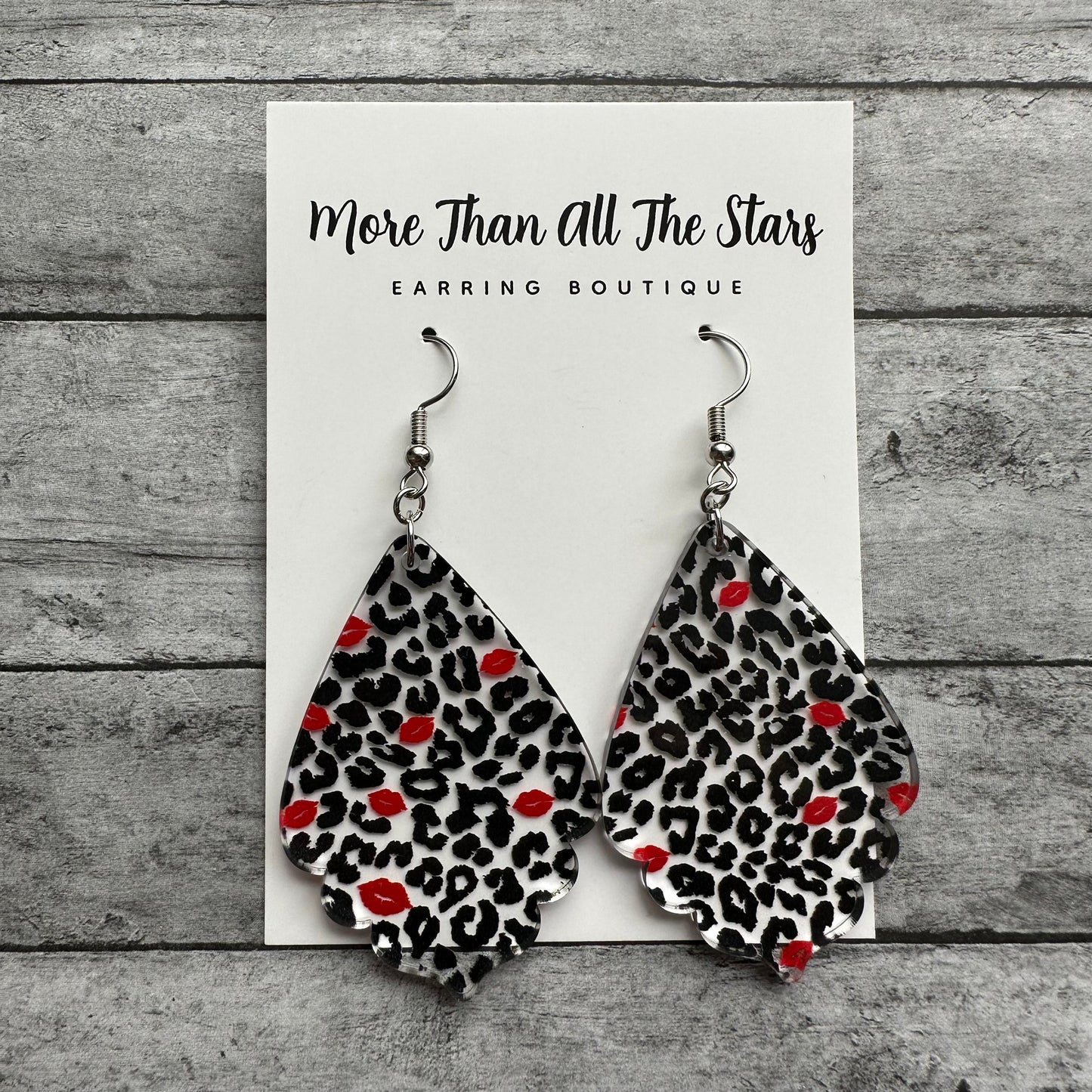 Valentine's Day Black Leopard Red Lips Ruffle Teardrop Earrings