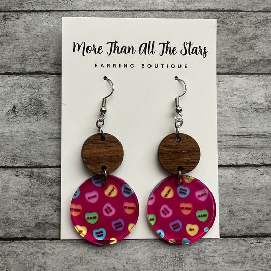 Valentine's Day Pink Candy Hearts Circle Earrings