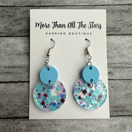 Blue Confetti Crescent Circle Earrings