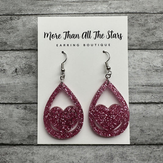 Valentine's Day Pink Glitter Heart Teardrop Earrings