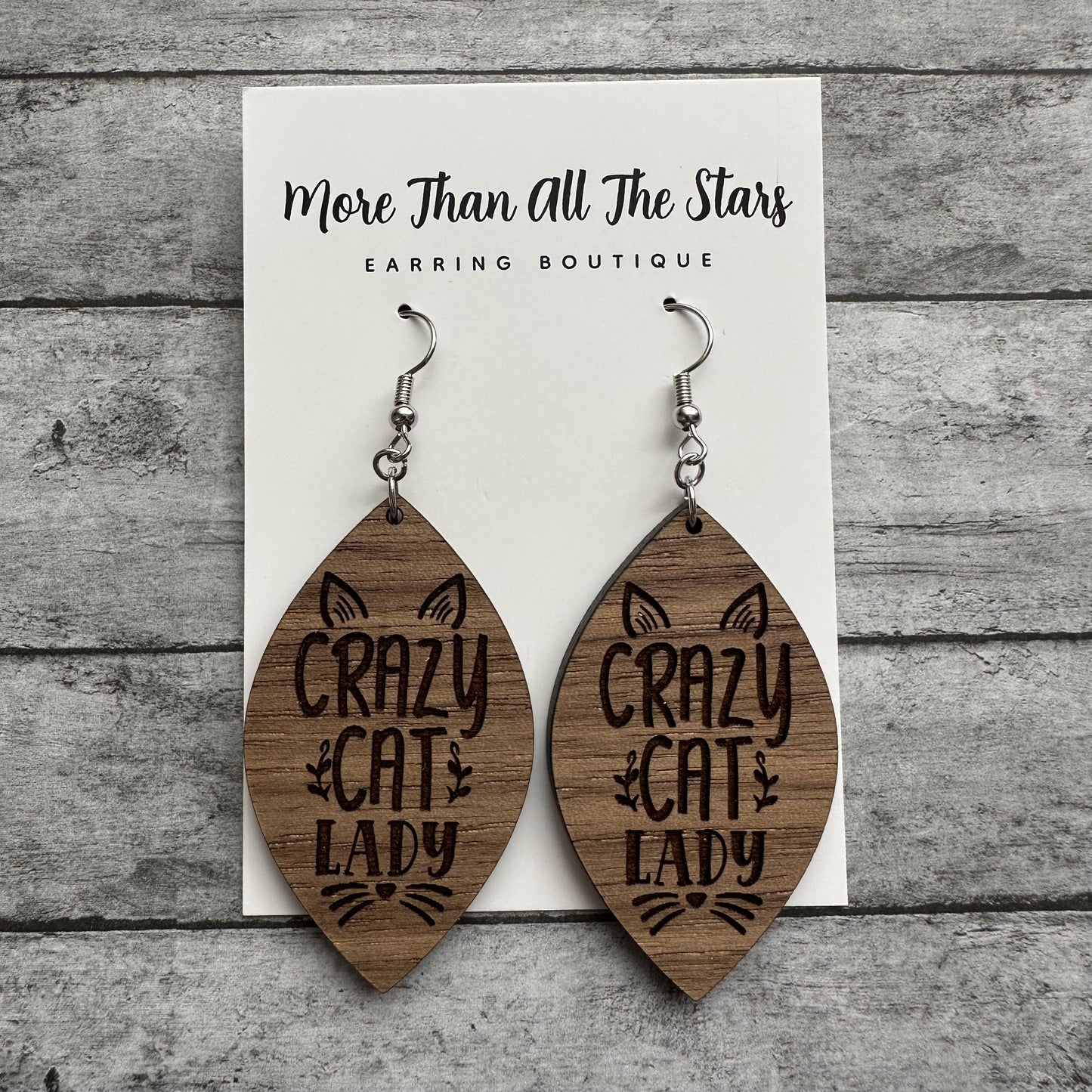 Wood Crazy Cat Lady Earrings