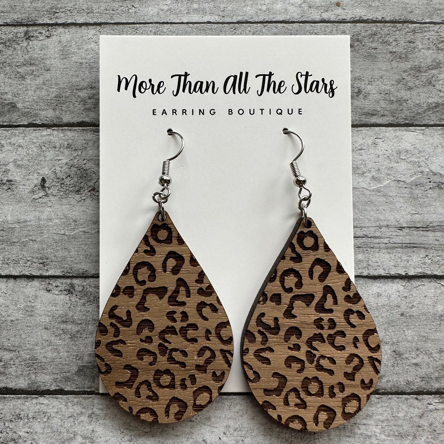 Wood Leopard Teardrop Earrings