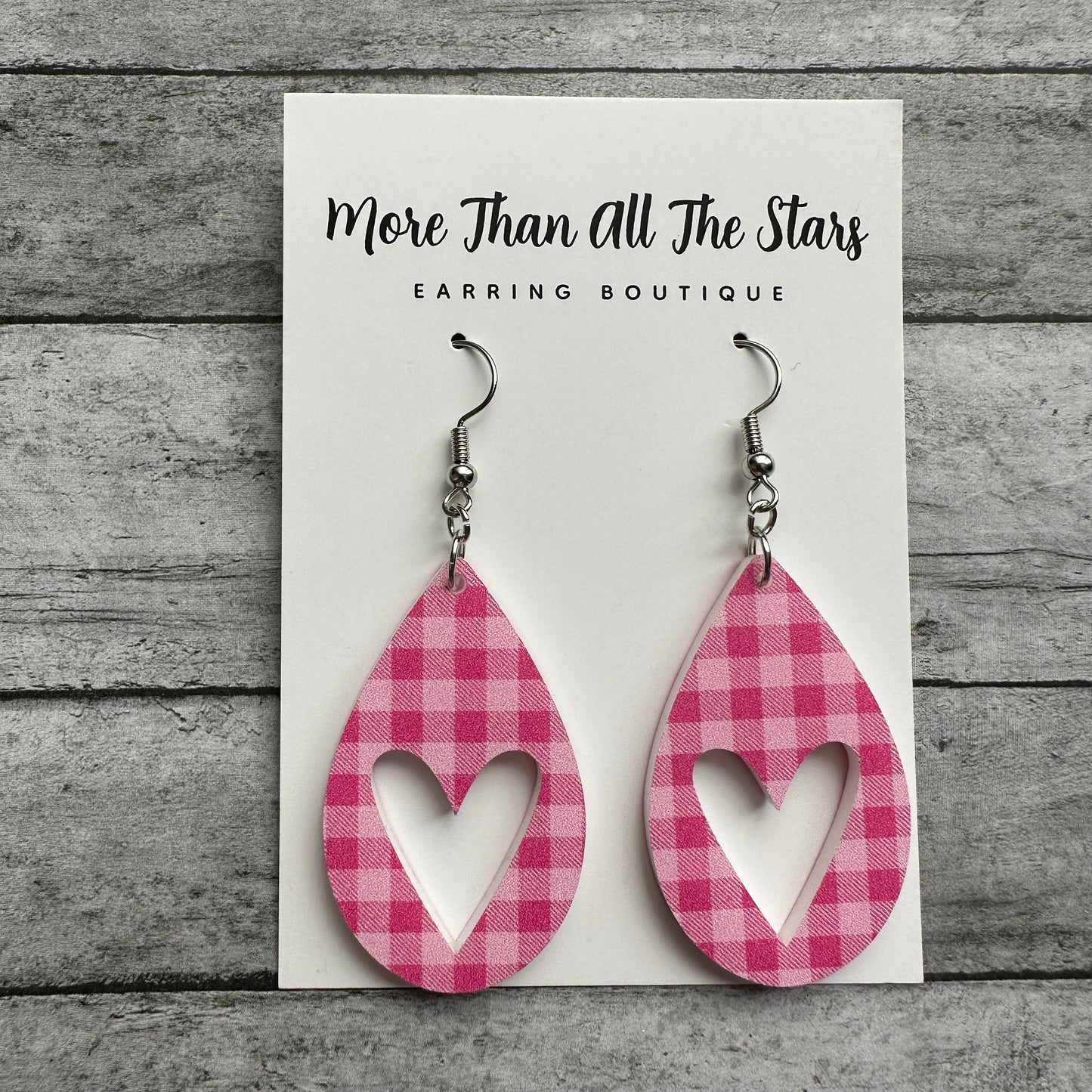 Valentine's Day Pink Plaid Teardrop Heart Earrings