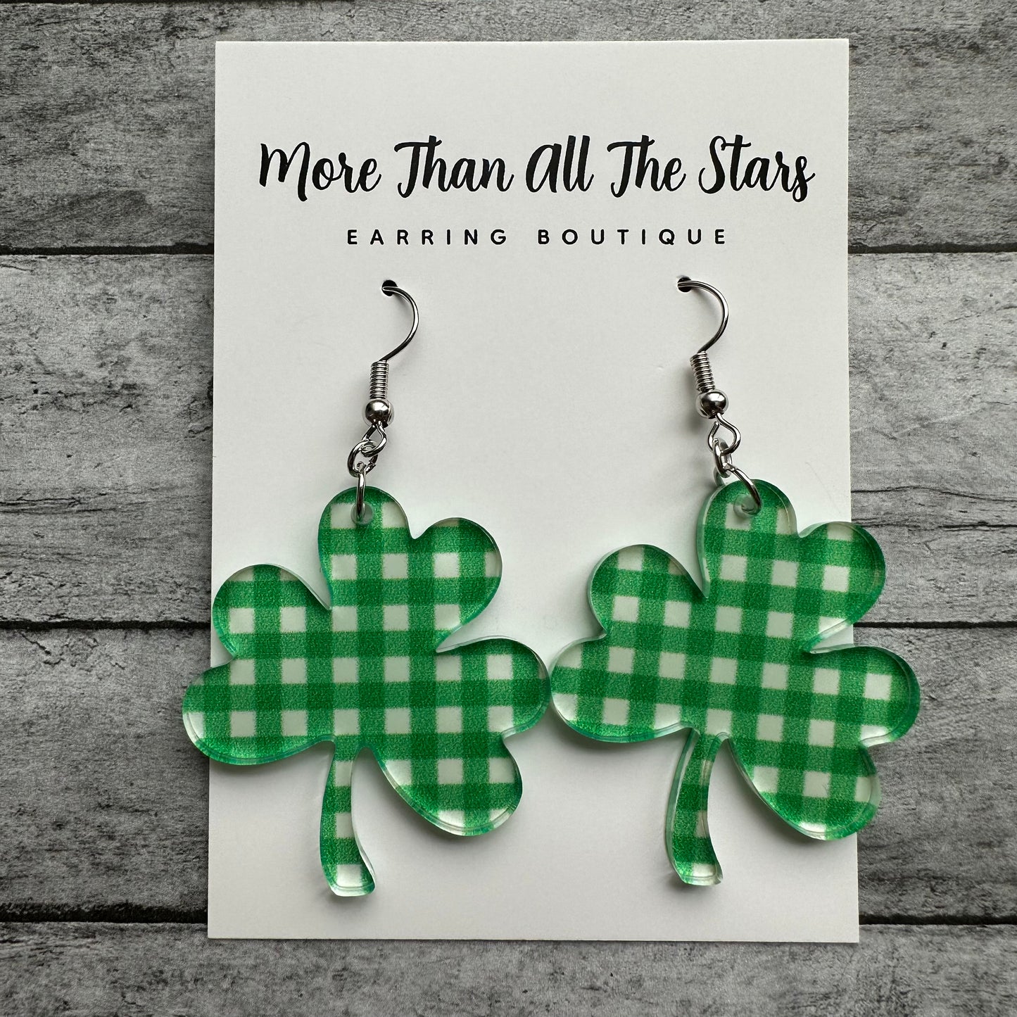 St. Patrick's Day Green Gingham Shamrock Earrings