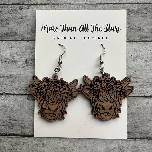 Floral Highland Cow Earrings