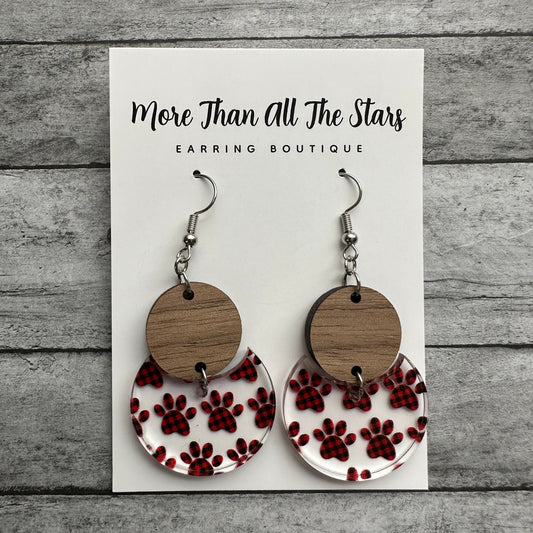 Red and Black Buffalo Plaid Paw Print Crescent Circle Earrings