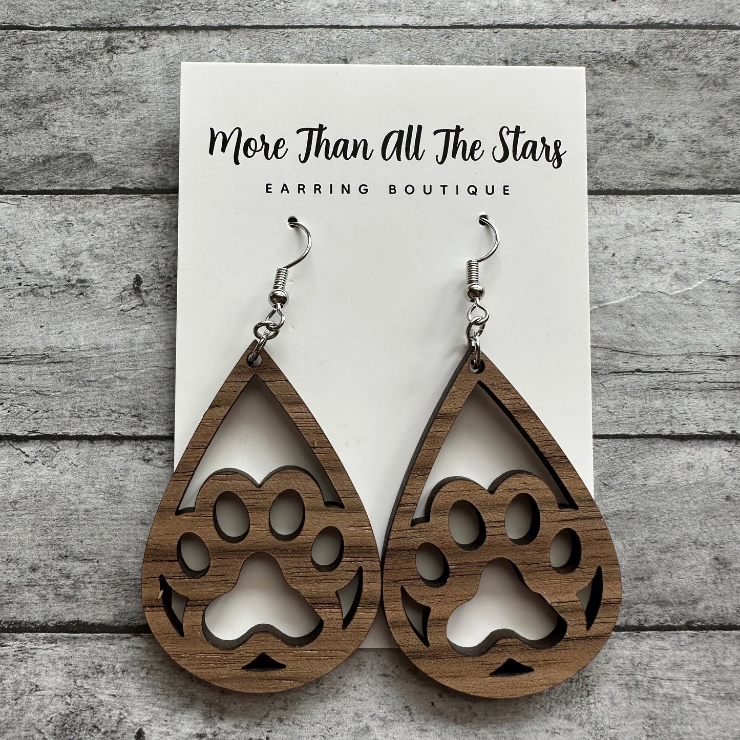 Wood Paw Print Teardrop Earrings