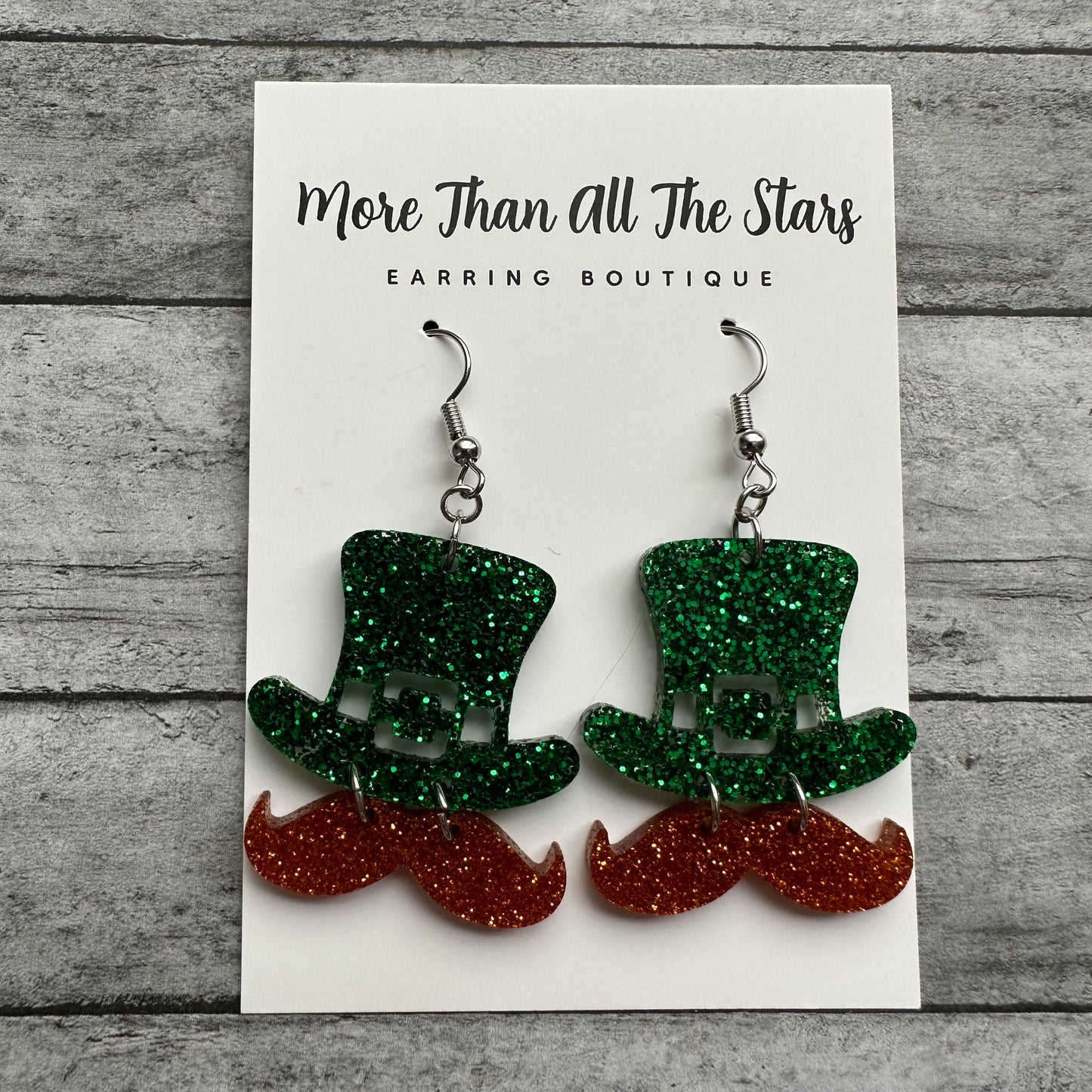 St. Patrick's Day Glitter Leprechaun Orange Mustache Earrings