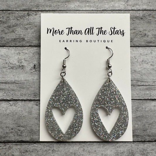 Valentine's Day Silver Glitter Teardrop Heart Earrings