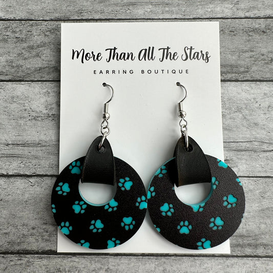 Teal Paw Print Acrylic and Leather Earrings