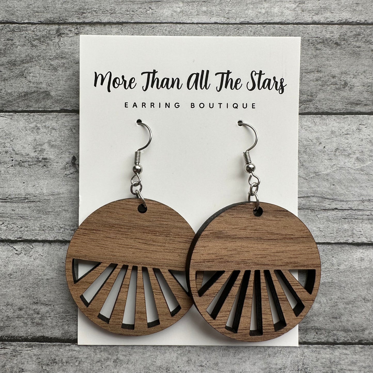 Wood Circle Half Sun Ray Earrings