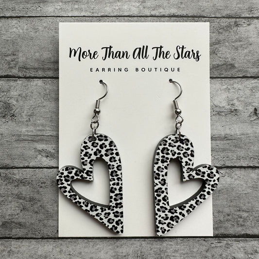 Valentine's Day White Leopard Cutout Heart Earrings