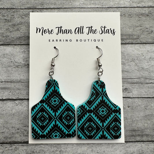 Teal and Black Aztec Cow Tag Earrings