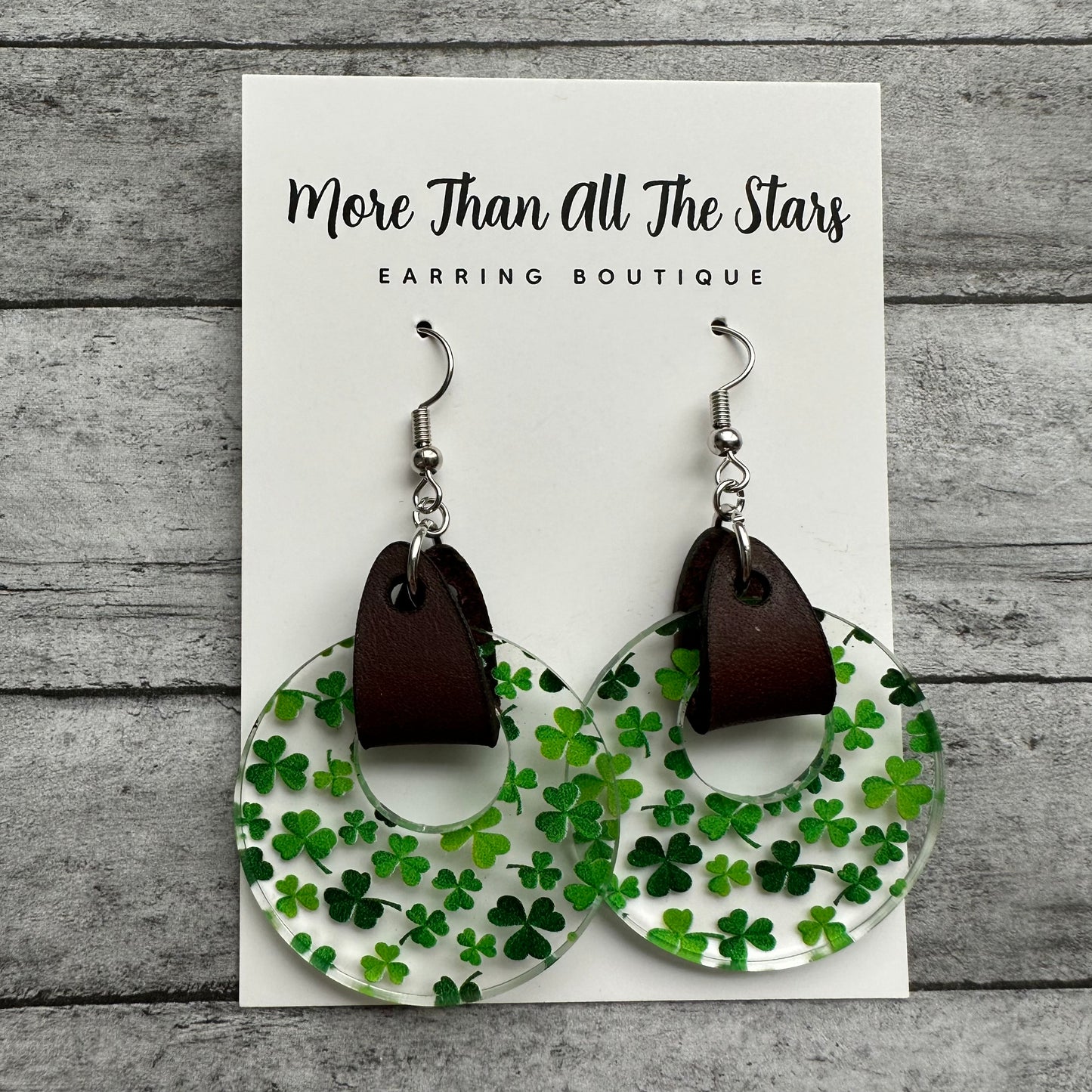 St. Patrick's Day Cutout Circle Acrylic and Leather Shamrock Earrings