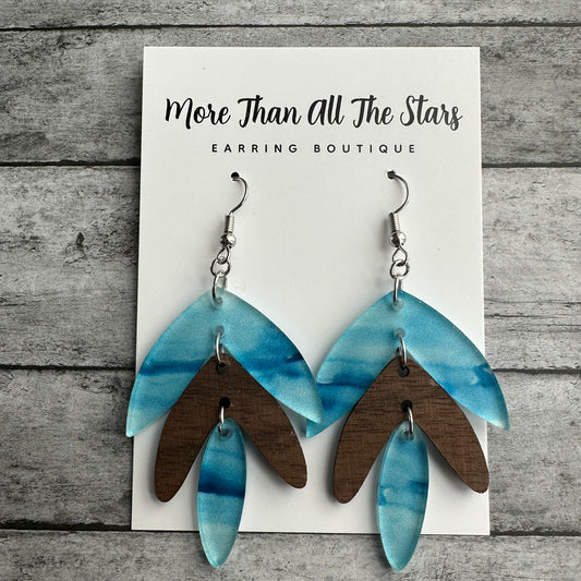 Blue Acrylic and Wood Petal Waterfall Earrings