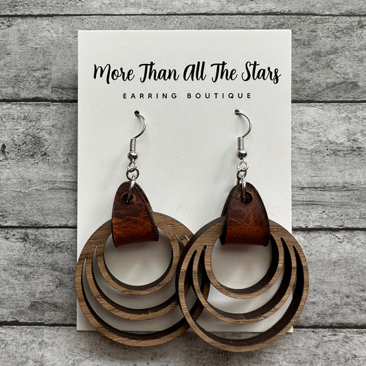 Triple Hoop Leather and Wood Earrings