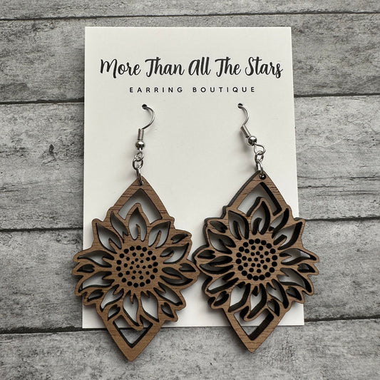 Wood Sunflower Earrings