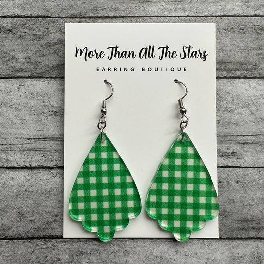 St. Patrick's Day Green Gingham Ruffle Teardrop Earrings