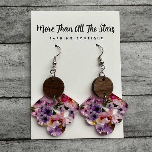 Purple Floral Ruffle Teardrop Earrings